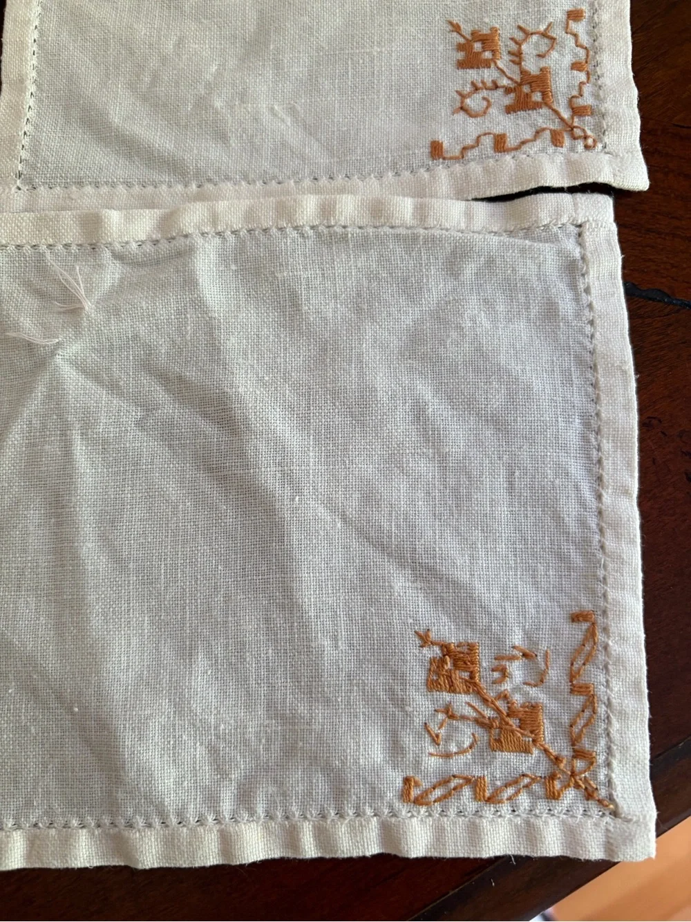 Set of 6 Off White Linen Cocktail Napkins Embroidered Corner